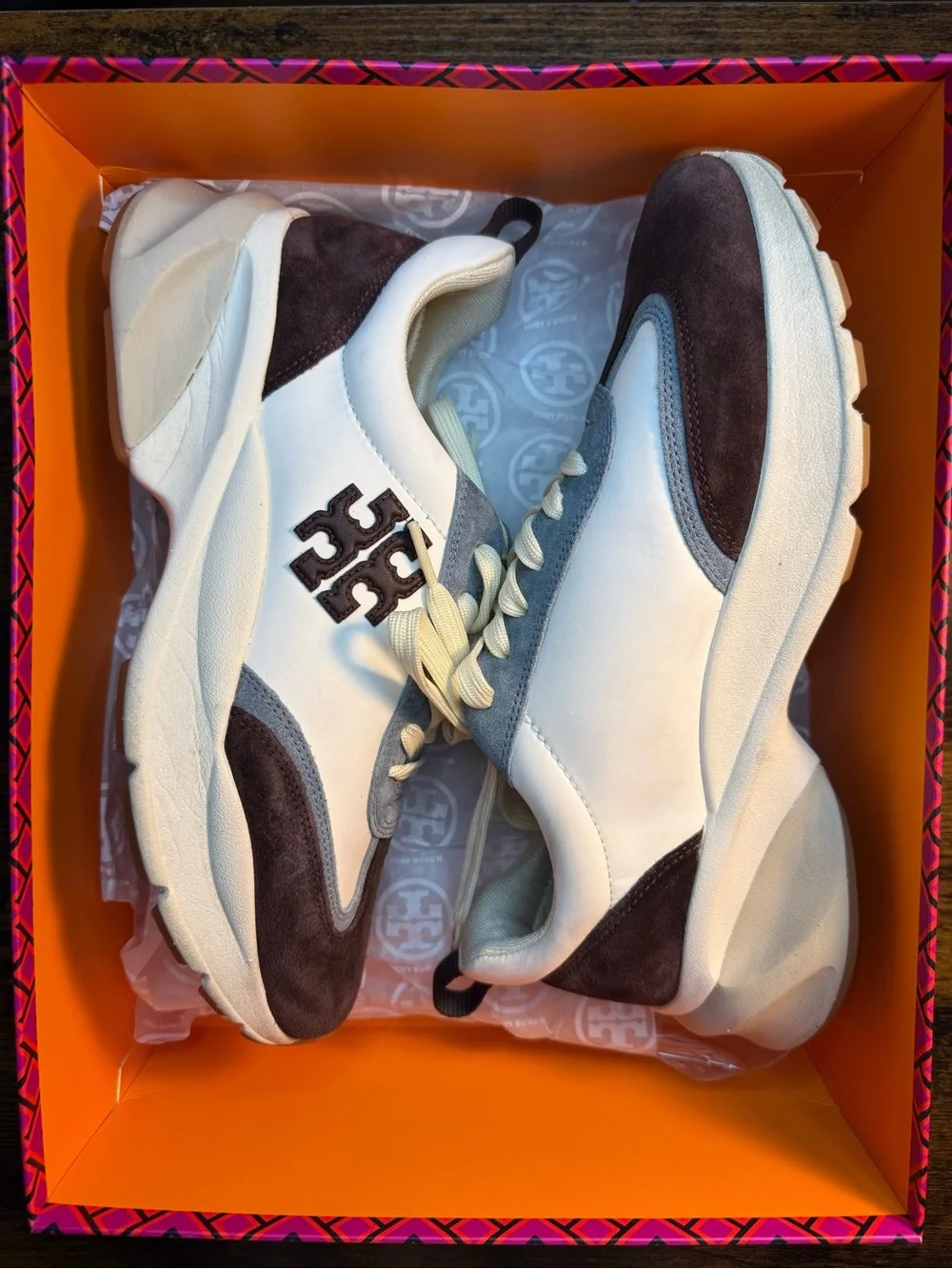 Tory Burch White and Dark Brown Leather Suede Sneakers Size 9